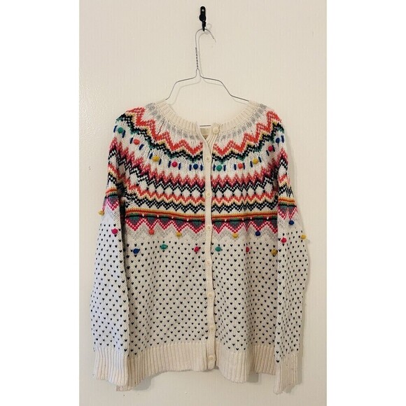 Talbots Carnival Fair Isle Pom Pom Back Button Wool-Blend Sweater Women’s Med - Picture 2 of 5